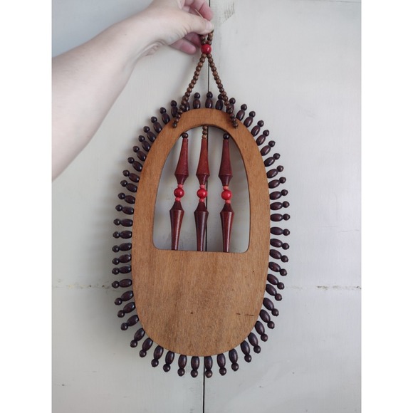 VTG Wood Bead Beaded Plant Hanger Hanging Wall Pocket Sconce Boho Tribal 70s - Picture 2 of 8